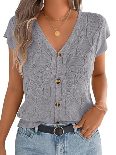 Chaleco de punto para mujer, cuello en V, abotonado, capucha y mangas ligeras, moda e informal, gris, L