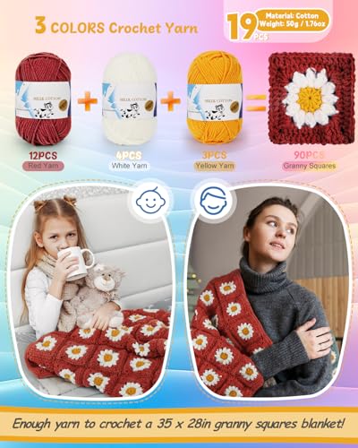Image of Coopay Crochet Kit for Beginners, Granny Square Crochet Blanket Kit, Red | Crochet Kit W /Video Tutorial & Digital Instructions, All Accessories Included, Easy Knitting to Create Granny Square Blanket