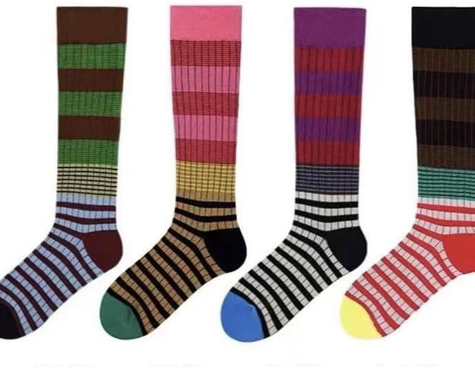 Women Striped Calf Socks Retro Color Block Slouch Year-round Casual Athletic Cotton Socks for Daily Wear 4 Pairs.