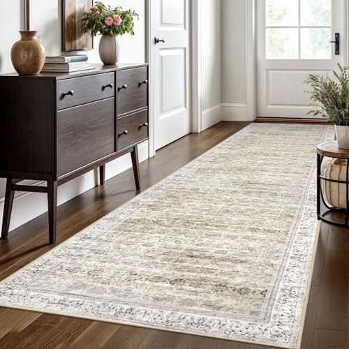 3x10 Beige Yellow White Washable Runner Rug for Kitchen, Soft Classic Runners with Non-Slip, Non-Shedding Distressed Floral Rug for Hallways Door mat Indoor Bedroom Indoor