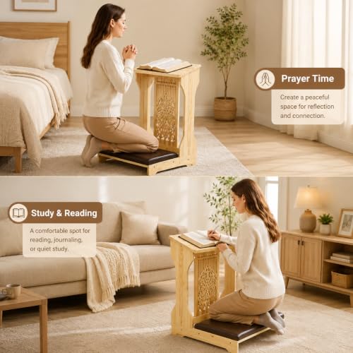 LZALMMS Tree of Life Church Prayer Bench Stool with Padded Kneeler Cushion & Angled Book Shelf, Solid Pine Wood Kneeling Bench for Home Chapel Worship, Natural Wood Finish by LZALMMS - Used condition - Image 7