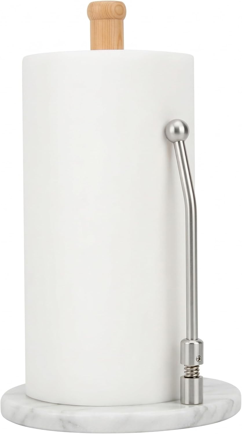 Spiretro Elegant Marble & Wood Paper Towel Holder – Real White Marble Base, Natural Wood Rod & Stainless Steel Tension Arm – Jumbo Roll Compatible – 7.75" W x 7.75" D x 13.25" H