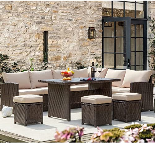 Image of DEVOKO Outdoor All-Weather Sectional Wicker Sofa Set and Ottomans with Washable Cushions and Dinning Table for Backyard, Pool (Dark Brown and Cream)