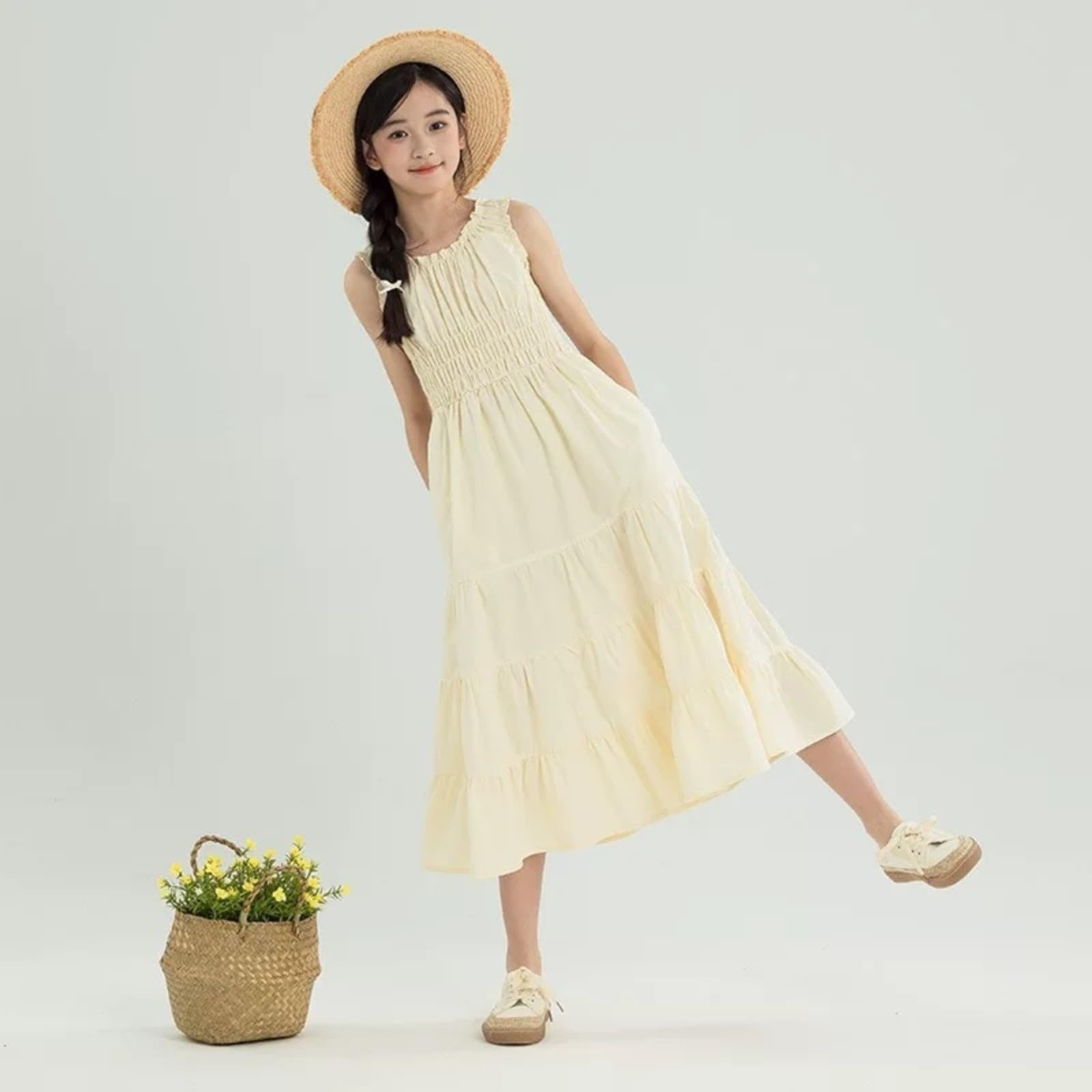Vestito da ragazza estivo casual boho spiaggia midi fluente prendisole bambini senza maniche smock vacanza A Line abito adolescenti abiti morbidi comfort