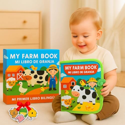 Libro sensorial Montessori bilingüe de Granja (ES/EN) para niños 1-5 años, Juego Educativo con Actividades y Pegatinas, Regalo Original niños pequeños, Libro Interactivo, 10 Páginas Animales Granja