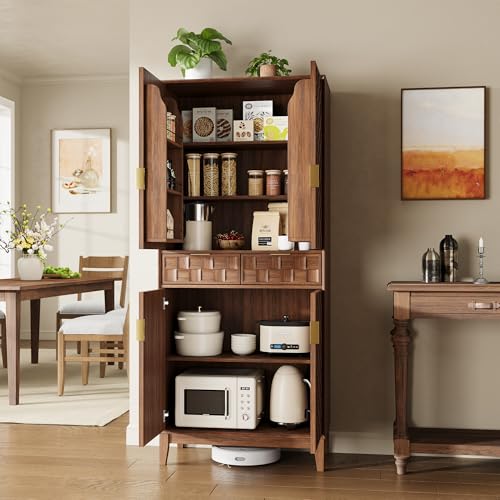 Image of Pantry Cabinet, 71 inch Tall Pantry Cabinet,Modern Kitchen Cabinet with Doors, Drawers & Adjustable Shelves, Freestanding Food Pantry Cupboard with Side Rack for Kitchen Dining Room,Walnut