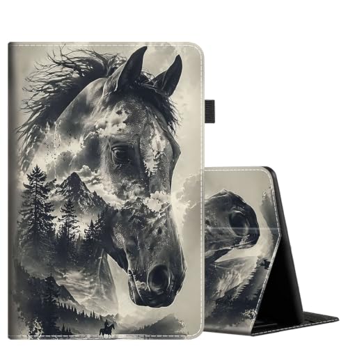Case for Amazon Fire HD 10 Tablet (7th and 9th Gen, 2017 and 2019 Release), Slim Fit Foldable Standing Cover with Auto Sleep/Wake, Black White Horse Woods