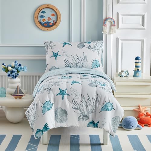 Image of White Toddler Bedding Set for Boys Girls Water Blue Colorful Ocean Starfish Shell Aquatic Plant 4PC Toddler Bed Set - Soft Blue Cute Toddler White Bed in a Bag with Sheet Set and Pillow Shams