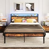 IRONCK King Size Bed Frame with Storage Headboard & LED Lights, Platform Bed Frame King Size with Charging Station, Metal Bed Frame, UnderBed Storage/Mattress Foundation, Vintage Brown