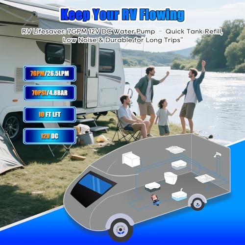 Image of Upgraded 12V RV Water Pump, 7GPM 70PSI, Five Chamber Self-Priming Diaphragm 12V DC RV Fresh Pump with Heavy Duty Pressure Switch & Strainer for Marine, Yacht, Caravan, Camper