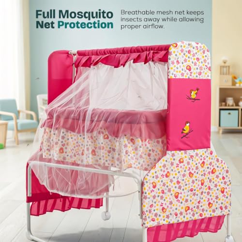 Image of BAYBEE Baby Cradle and Swing for Newborn Babies with Mosquito Net, Portable Jhula with 360 Wheel Lock, Sleeping Swing Bassinet, Uyyala Palna for 0-12 Months Boys & Girls (Pink)