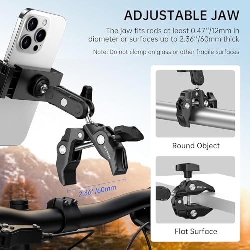 Image of Action Camera Super Clamp Mount with Mobile Clip & Mount, 1 /4 inch Screw and 3 /8 inch Screw Hole,360 Double Ball Head Magic Arm for Action Camera, Light, DSLR, Pole, Bike for Insta 360, Go Pro, DJI