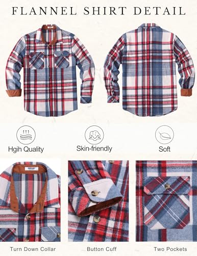 COOFANDY Men's Long Sleeve Flannel Shirts Fashion Plaid Jacket Casual Button Down Shirt with Pockets Red Blue
