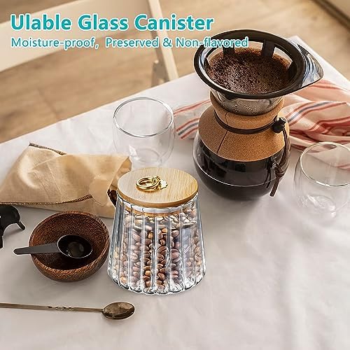 Ulable 2 Pack Glass Storage Jars Airtight Tea Coffee Sugar Canisters Kitchen Storage Containers with Bamboo Lid Metal Handle Pantry Decorative Food Storage Cans 650ML (2PCS Conical)