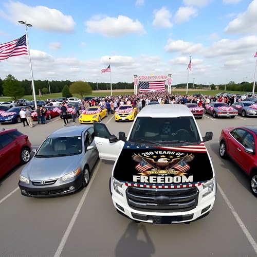 Image of American Car Hood Cover - 59x51 American Car Hood Cover Flag Bonnet Banner with 2 Adjustable Triangular Fasteners, Universal Fit for Trucks, SUV, Patriotic Car America Flag Decor