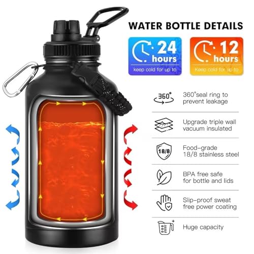 Image of 0.68 Gallon Large Insulated Water Bottle with Handle, 87 oz, Black, 2.57 L Tumbler Jug, Insulated Container, Insulated Jar, Leak-Proof, 304 SS Thermal Mug, Hot /Cold Beverages, Sports, Travel, Gym