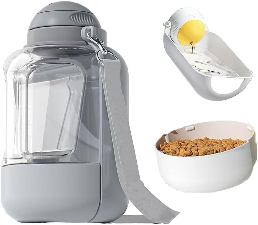 2 in 1 Dog Water Bottle & Food Container for Belgian Malinois, Large Capacity Leak-Proof Pet Travel Water Dispenser with Built-in Bowl, Portable Large Breed Dog Water Bottle for Walking Gray