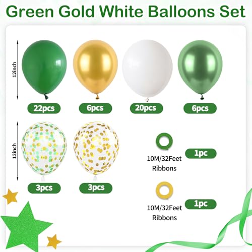 Image of Funhot Green and Gold Balloons, 60 Pcs Metallic Dark Green Gold White Party Balloons, 12 Inch Confetti Balloon Helium for Graduations Jungle Wild Birthday St. Patrick's Day Wedding Party Decorations