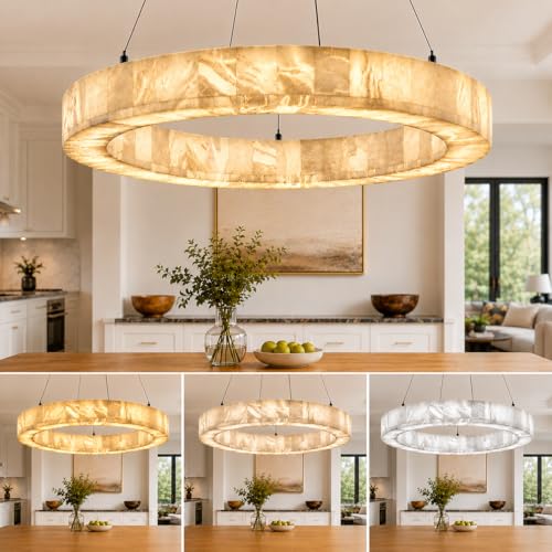 Alabaster Round Chandelier, 31.5in Spanish Natural Marble Pendant Light, Dimmable 3-Color Modern Marble Chandelier for Dining Room, Living Room, Bedroom, Bathroom & Foyer