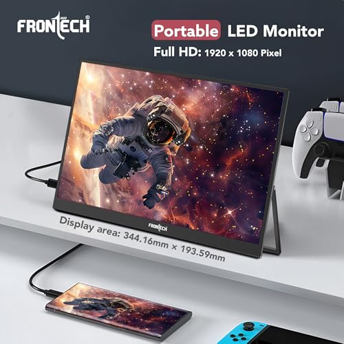 Image of FRONTECH 15.6″ Portable LED Monitor, Full HD IPS Display, 10000mAh Rechargeable Battery, Dual Type-C & Mini HDMI, Built-in Speakers, 180 Stand, Works with Laptop /PS5 /Switch /Phone (MON-0023P)