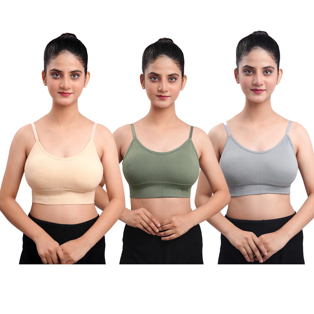Women's Cotton Wire-Free Full Coverage Lightly Padded Sports Bra - Comfortable & Supportive Everyday Wear - Pack of 3 (Size- 34, Green, Beige, Grey)-image-36