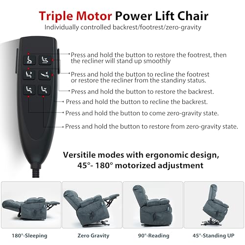 Oversized Zero Gravity Power Lift Recliner Chair for Elderly Adults Big Man Electric Lay Flat Recliner Triple Motor with Heat and Massage, Adjustable Seat Height, Arm Storage, Cup Holder