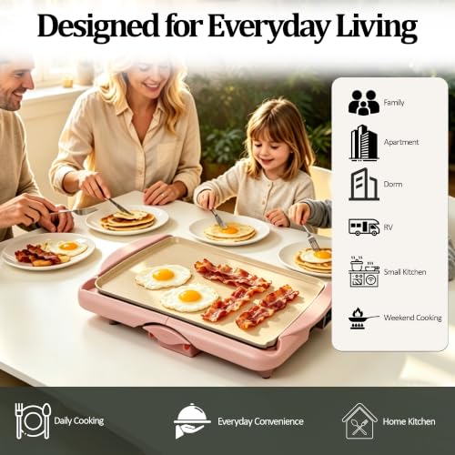 Image of 20 inch Pink Electric Griddle & Skillet with Ceramic Non-Stick Surface, 1400W Family-Sized Extra Large Baking Pan, Adjustable Temperature & Slide-Out Drip Tray