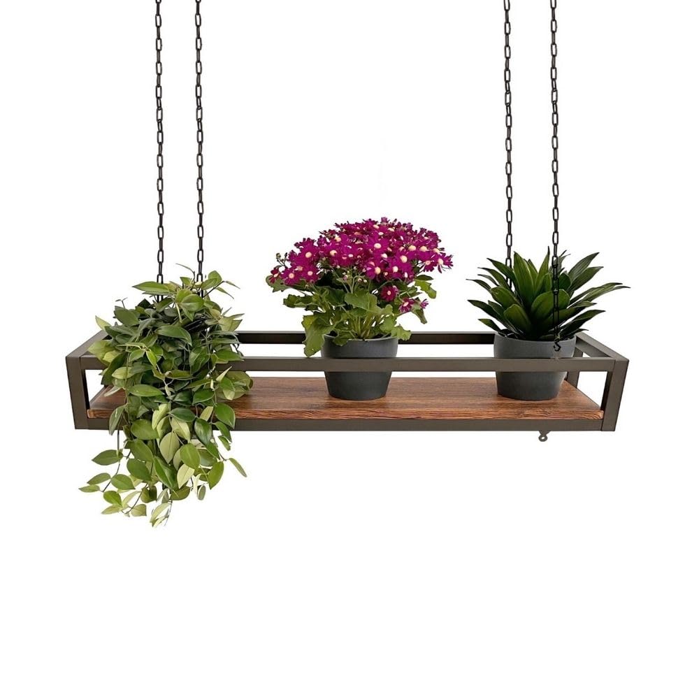 YELLOO - Etagere de Plafond Suspendue avec Chaînes, Idéale Porte-Fleurs, Plantes d'Intérieur, Design Classique et élégant pour Maison, Jardin, Balcon (FLOWERS 95 cm, Marron/Noix)