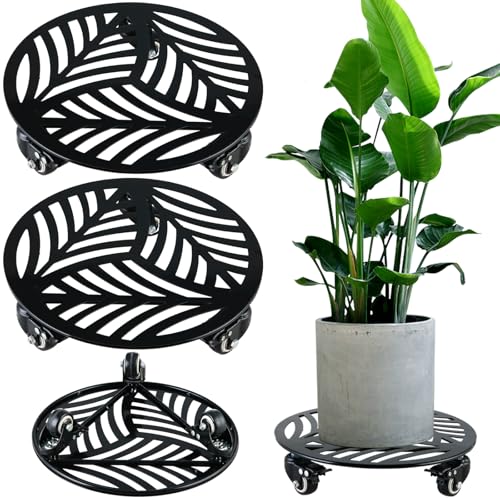 2 Packs Metal Plant Caddy with 3 Wheels 12” Heavy-duty Wrought Iron Rolling Plant Stands with Casters Indoor and Outdoor Plant Pot Roller Base Plant Saucer Movers Black, Strong Load Capacity