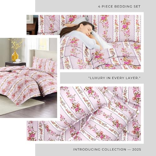 Image of HOMEKART 220 GSM Microfiber 4-Piece Comforter Bedding Set for Double Bed | King Size AC Comforter with Flat Bedsheet (90x100 Inch) & 2 Pillow Covers | Soft, Lightweight & All-Season | Pink Floral