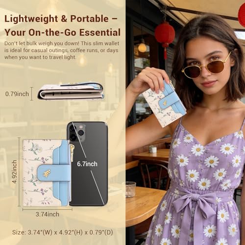 Image of YINHEXI Women's Wallet, Compact and Small Bifold PU Leather Card Holder, Mini Purse with Coin Pocket for Ladies, Girls (Floral Blue)