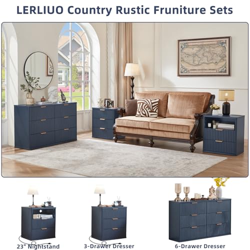 LEYAOYAO Fluted 6 Drawers Dresser Set of 2, 48" Wide Modern Chest of Drawers with Metal Handle, Navy Blue Curved Profile Dresser TV Stand, Wooden Drawer Organizer for Bedroom, Living Room, Hallway