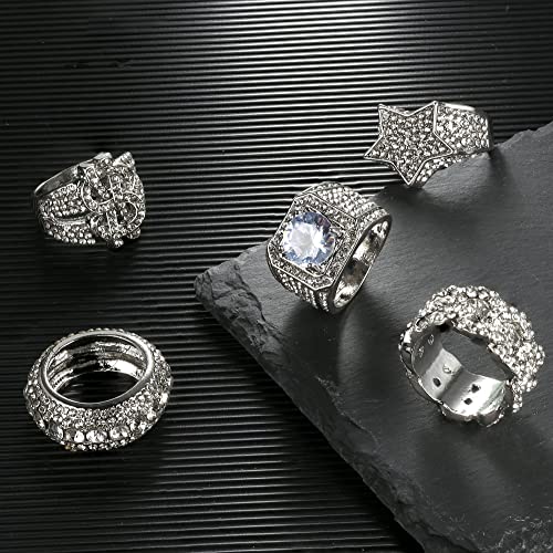 Sanfenly Iced Out Rings for Men Bling Fake Diamond Costume Pinky Rings Chunky Gold Silver 80s 90s Hip Hop Rings Star Cuban Chain Square US Dollar Sign Rapper Ring Fashion Cosplay Man Jewelry Ring Set2