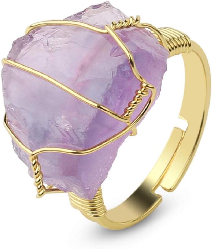 Raw Healing Crystal Natural Stone Ring Statement Copper Wire Wrapped Irregular Crystal Gemstone Adjustalble Ring Jewelry for Women