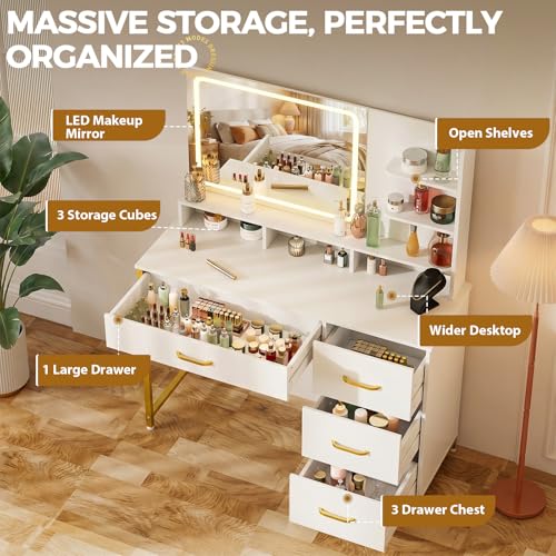Image of LUCKRACER Vanity Desk with LED Lights Mirror, Makeup Vanity with Storage Drawers and Shelves, Modern Dressing Table for Women Girls Bedroom, Ivory White