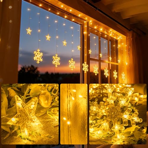 150 LED Schneeflocken und Sterne Lichtervorhang Innen, 2.3M mit 6 Schneeflocken und 6 Sternen Lichterkette Außen, LED Weihnachtsdeko für Fenster mit 8 Modi, Timer und Memory-Funktion, Warmweiß