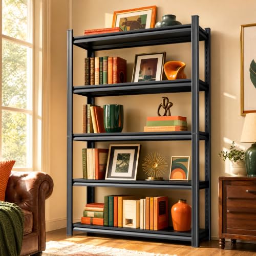 Image of Black Metal 5 Tier Bookshelf, Industrial Bookshelves and Bookcases Shelving Unit, Heavy Duty Steel Book Shelf Storage Rack for Books Decor, Free Standing Tiered Shelves Organizer for Bedroom Office