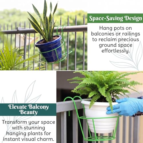 Image of Anti Rust Metal Hanging Planters for Balcony | Round Flowerpot Holder | Railing Planters, Fence Garden Flowerpot, Gamla, Flower Pots for Home and Garden (Green - Pack of 8)