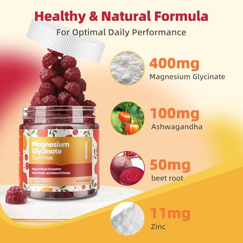 DREAVIO 90 Count Magnesium Glycinate Gummies 400mg w/Ashwagandha Supplement - Sugar Free Zinc Magnesium Glycinate Supplement Ashwagandha Gummies for Adults