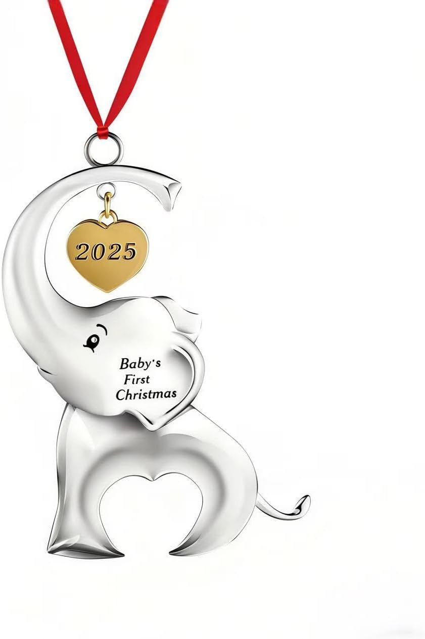 Baby's First Christmas Tree Decorations, Christmas Ornaments 2025, Baby First Christmas Elephant Deco, Baby Keepsake Ornament with 2 Colors Ribbon, for Newborn Baby Boys or Girls (Silver)