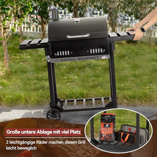 Royal Gourmet Holzkohlegrill Grillwagen mit klappbaren Seitenablagen, Smoker Standgrill mit Decekl, Thermometer, Kohlegrill Schwarz