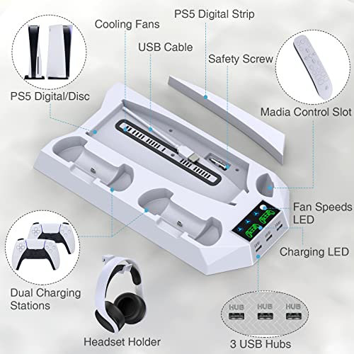 Ps5 Stand And Cooling Station With Dual Controller Charging Station For Playstation 5 Console, Ps5 Accessories Incl. Controller Charger, Cooling Fan, Headset Holder, 3 Usb Hub, Media Slot, Screw White #TOP2