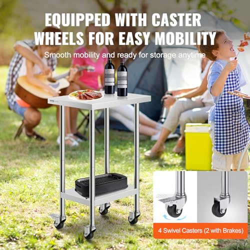 Image of VEVOR Stainless Steel Work Table 24 x 18 x 38 Inch, with 4 Wheels, 3 Adjustable Height Levels, Heavy Duty Food Prep Worktable for Commercial Kitchen Restaurant, Silver