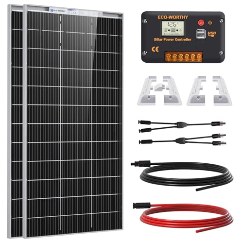 ECO-WORTHY 390W Solar Panel Kit 12V 1.56kWh/Day for Motorhome Caravan: 2pcs 195W Bifacial Solar Panels + 30A 12V/24V Charger Controller + Motorhome Mounting Brackets + Extension Cables
