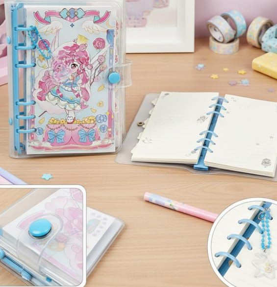 Image of Korean Stationery Mini Transparent 3-Hole Binder Spiral Diary Notebook - Cute Kawaii Portable Journal Notebook Agenda for Girls & Students (80+ Pages) MIMIMI GIRL THEME