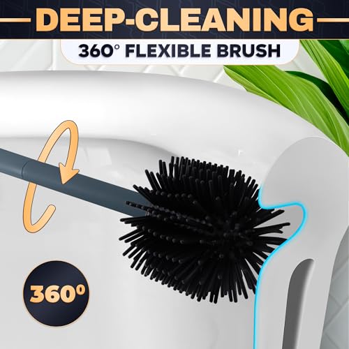 Image of Toilet Brush and Holder Set - Silicone Toilet Brush Cleaner with Dark Grey Holder Base, Compact Accessory for Small Spaces - Easy to Place & Simple to Store After Use, Plastic Bathroom Cleaning Tool