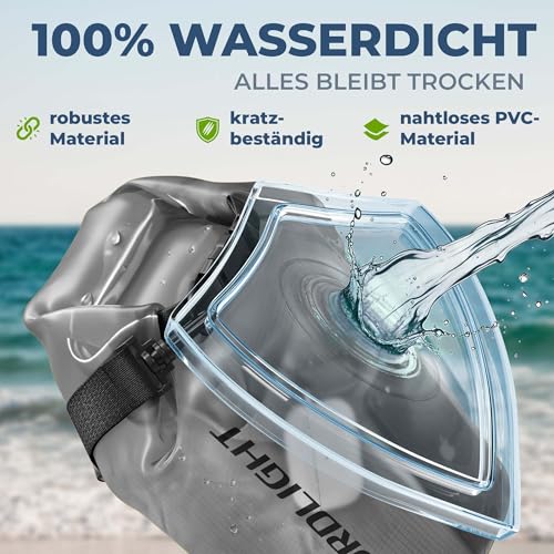 Nordlight wasserdichte Tasche 3er Set (Anthrazit) - Dry Bag 10l + wasserdichte Handyhülle + wasserdichte Hüfttasche | IPX8 Schutz | Mit Verstellbaren Gurten Für Strand, Stand Up Paddling