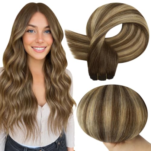 Full Shine Weft Hair Extensions Human Hair 18 Inch, Medium Brown Balayage