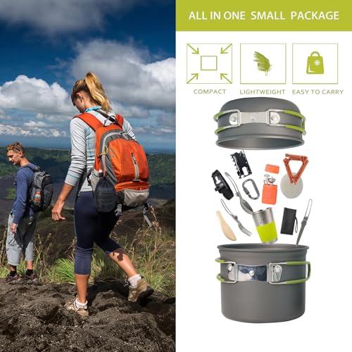Camping Cookware Mess Kit, 16 pcs Backpacking Cooking Set, Lightweight Camping Pots and Stove Set for 1-2 Person, Outdoor Cooking Gear Ideal for Camping, Hiking, Backpacking and Picnic