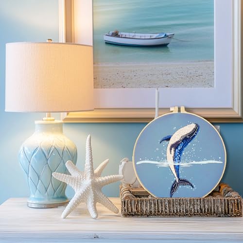 Image of INFUNLY 4 Sets Whale Embroidery Kits for Beginner Bird Cross Stitch Starter Kits with Instructions for Adults DIY Embroidery Needlepoint Sets with Animal Pattern Embroidery Cloth Hoops Threads Tools